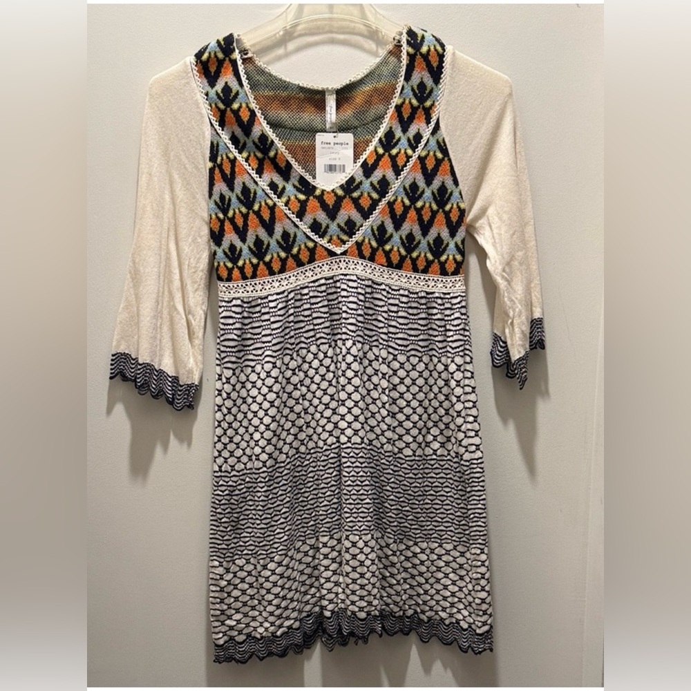 Free People Ivory Knit Aztec Indian Dress Multicolor Accents Sz Junior small NWT